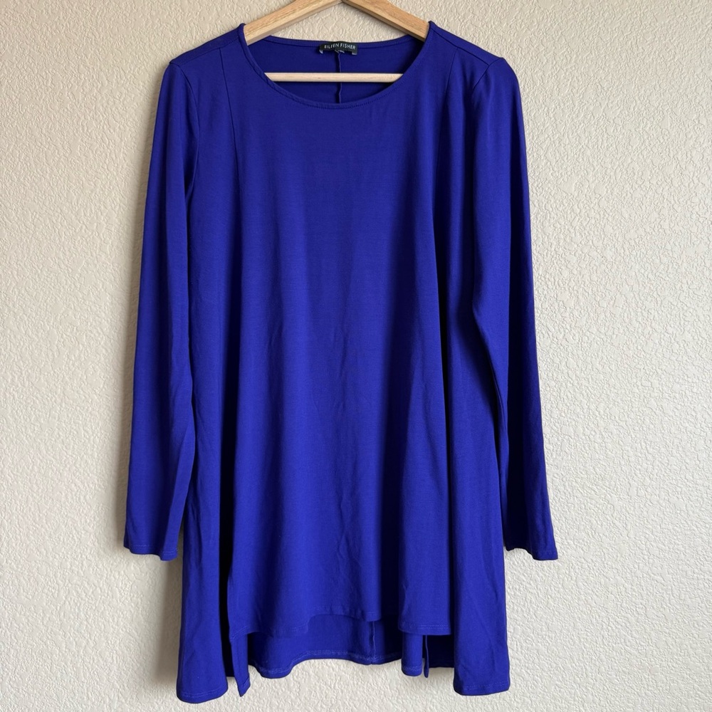 Eileen Fisher Purple Long-Sleeve Swing Pullover Jersey Tunic Top Stretchy Sz M